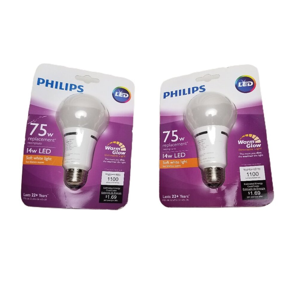 Philips LED Light Bulbs 2 Pack 14W 75W Replacement Warm Glow Dimmable Soft White